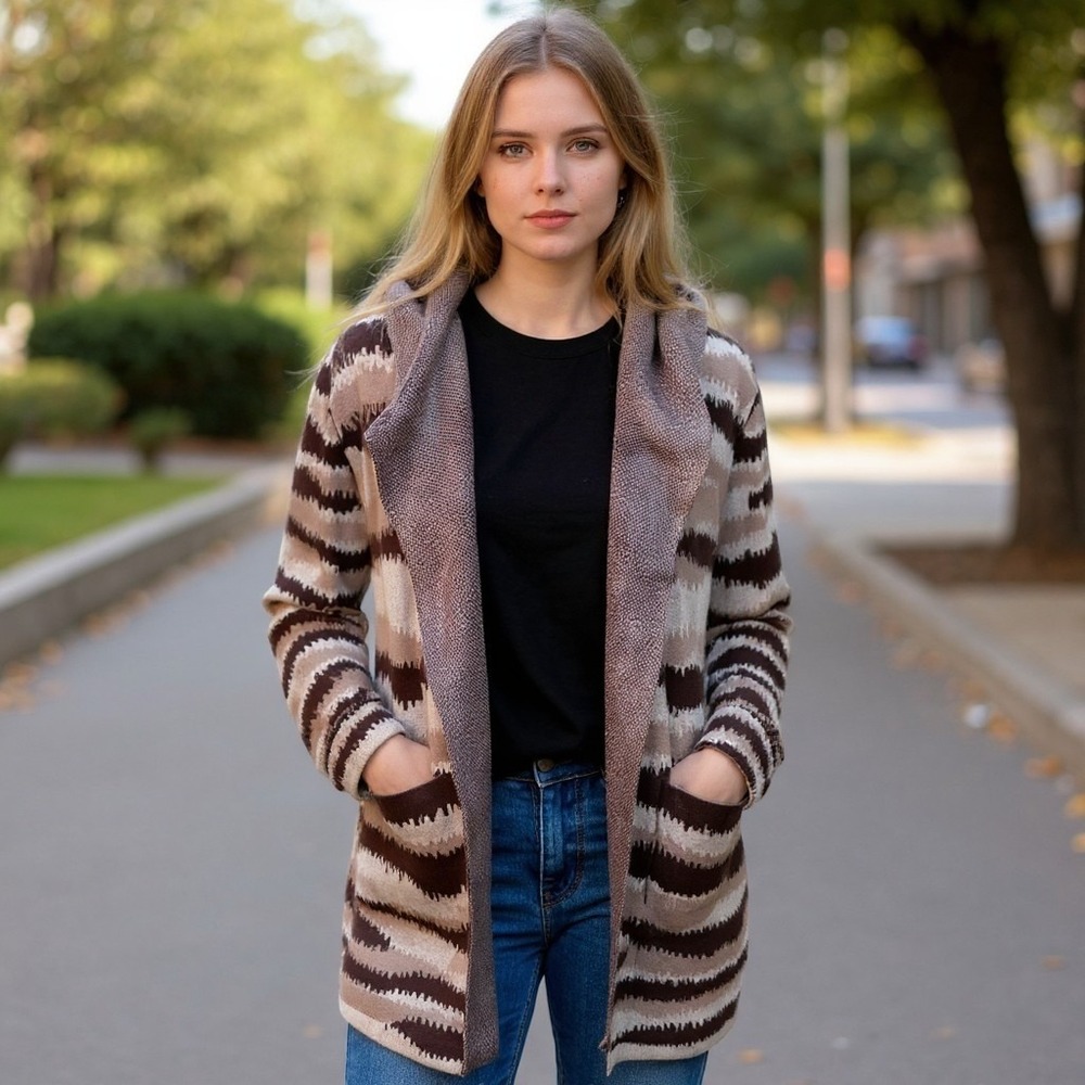 Mobwife Maxsport Hooded Long Waterfall Cardigan Layering Animal Textured NWT
